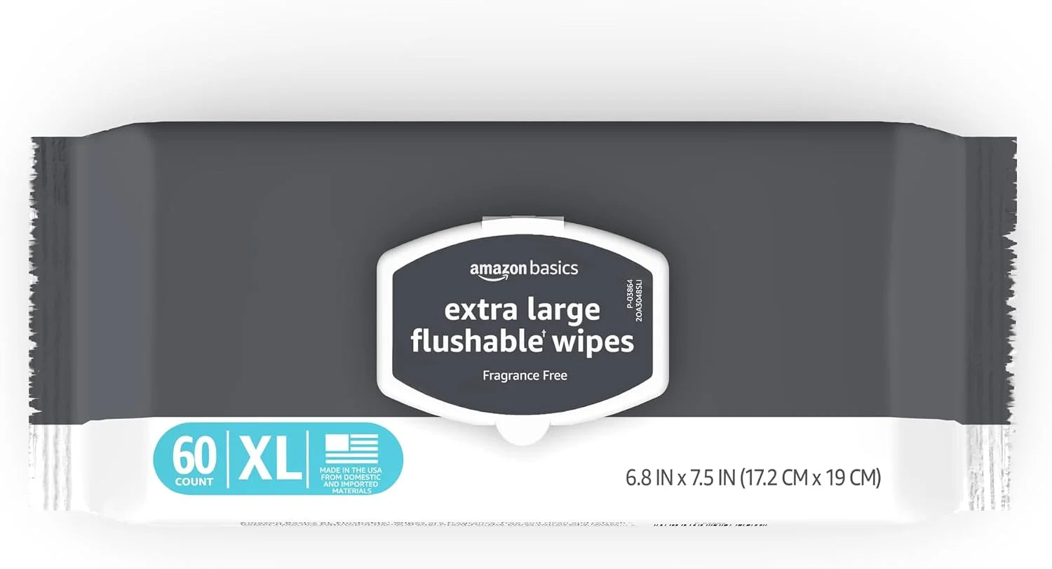 Amazon Basics Extra Large Flushable Wipes, Fragrance Free, pH Balanced, with Vitamin E & Aloe, 60 Count, 3-Pack