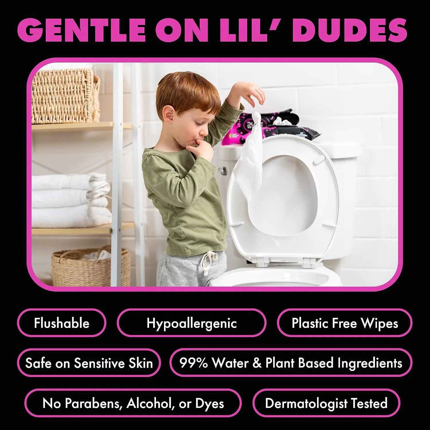 LiL' DUDE Wipes Flushable Potty Training Water Wipes, Bubble Bum, 84 Count