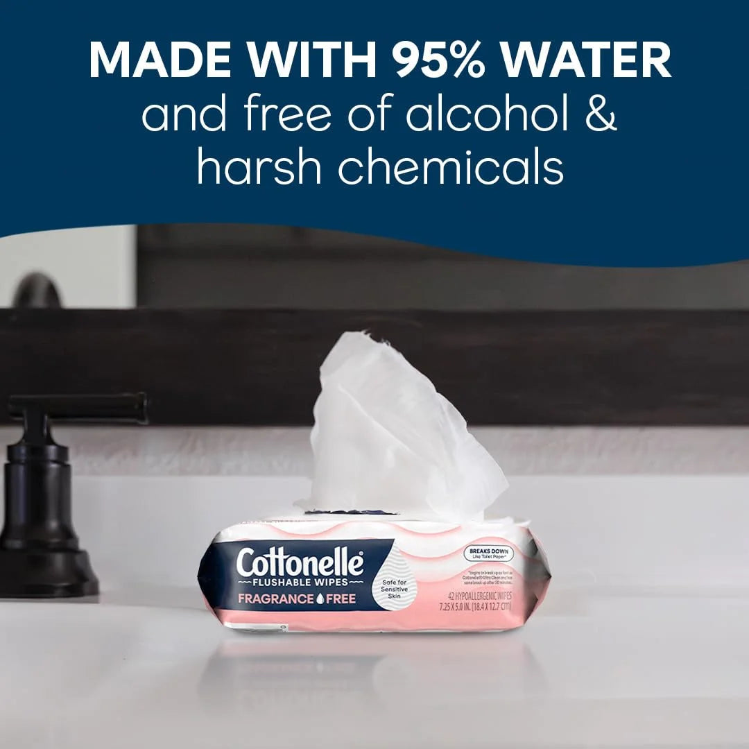 Cottonelle Fragrance Free Flushable Wipes, 8 Packs, 42 Wipes per Pack