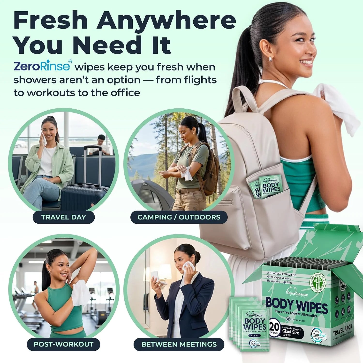 XL Travel Body Wipes for Women - 10"x10" Rinse-Free Bathing Wipes - 20ct