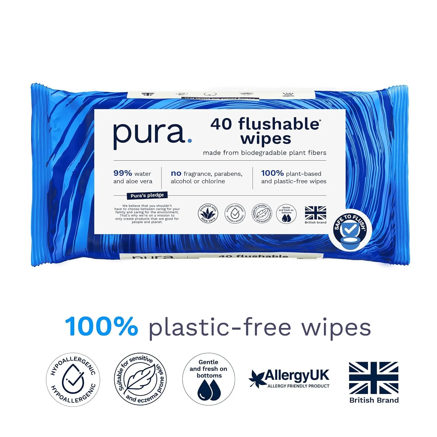 Pura Flushable Adult Wipes XL 80 Count with Aloe Vera Sensitive Skin