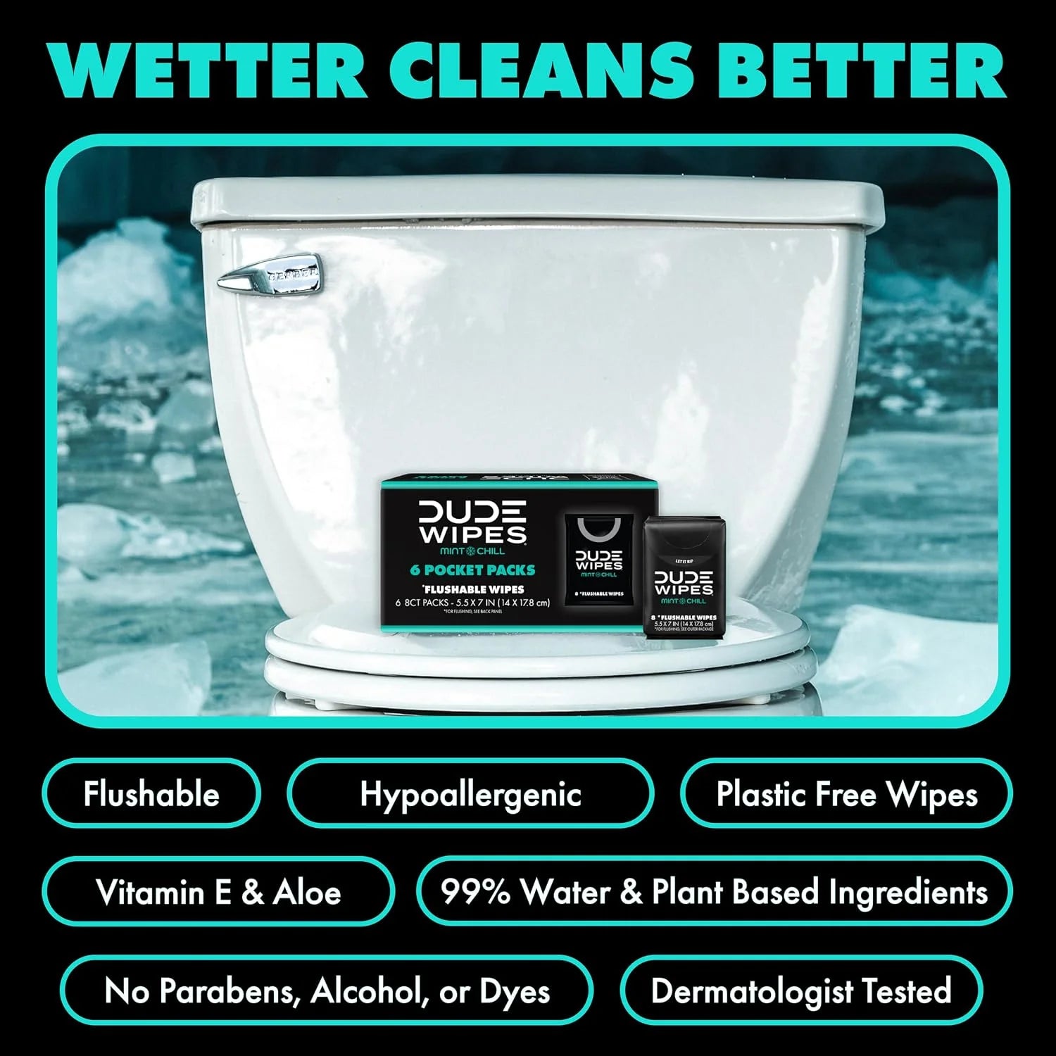 DUDE Wipes Mint Chill Pocket Packs, Adult Flushable Travel Wipes, 96 Count