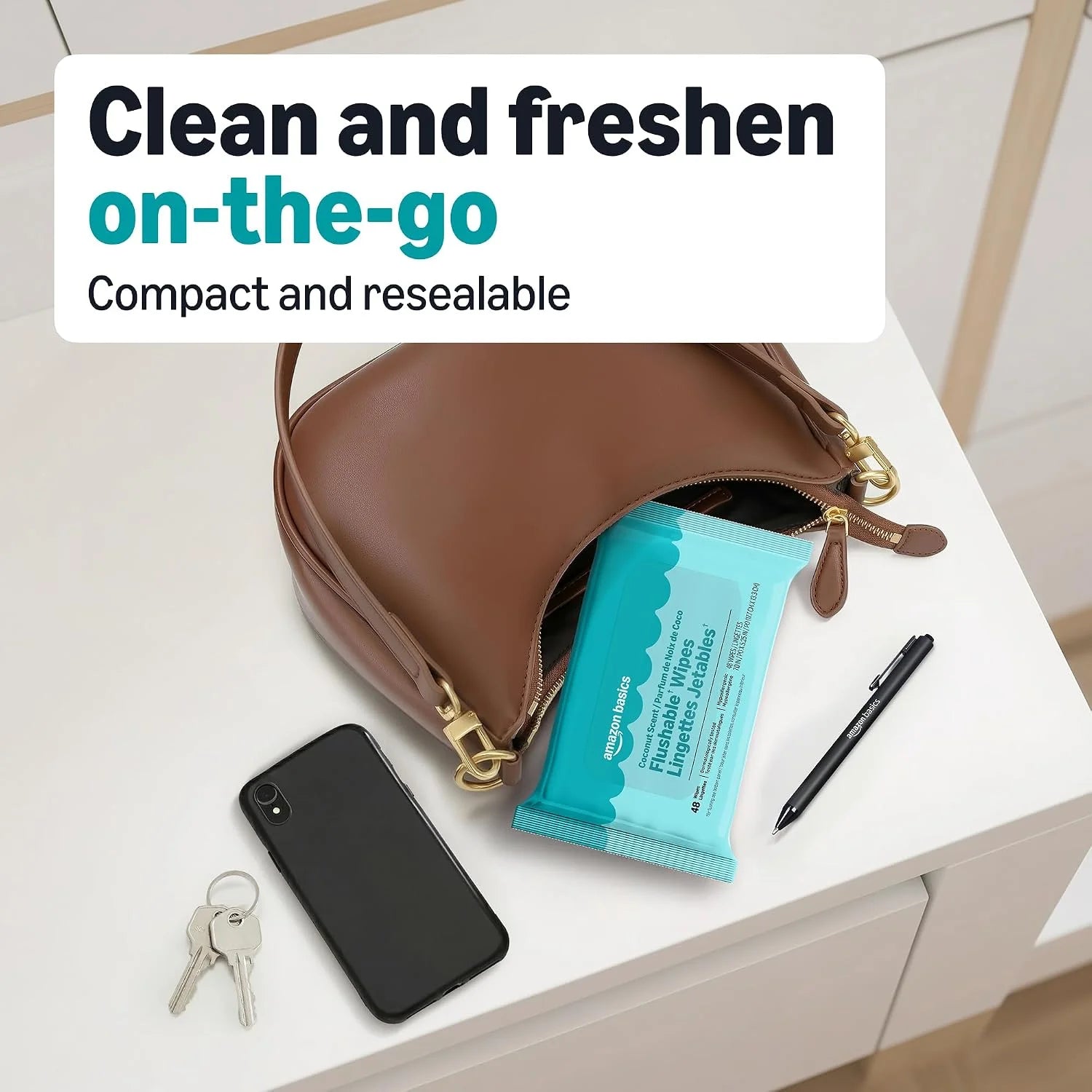 Amazon Basics Flushable Wipes, Coconut Scent, Hypoallergenic, Dermatologically Tested, 2 Packs of 48 (96 Count)