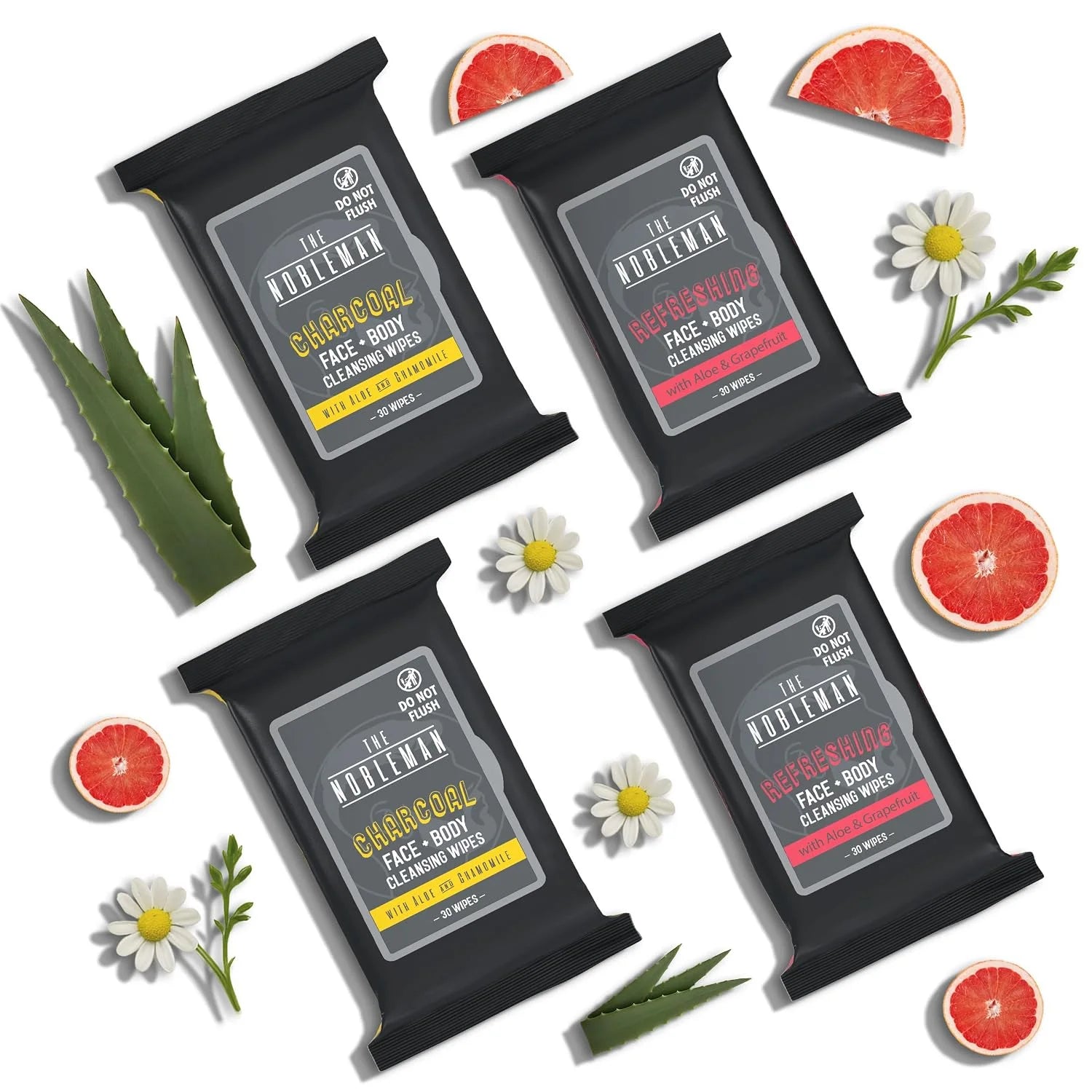 The Nobleman 4-Pack Face + Body Aloe Infused Cleansing Wipes: 2 Charcoal Packs with Chamomile and 2 Refreshing Packs with Grapefruit (120 Ct.), CharcoalRefreshing