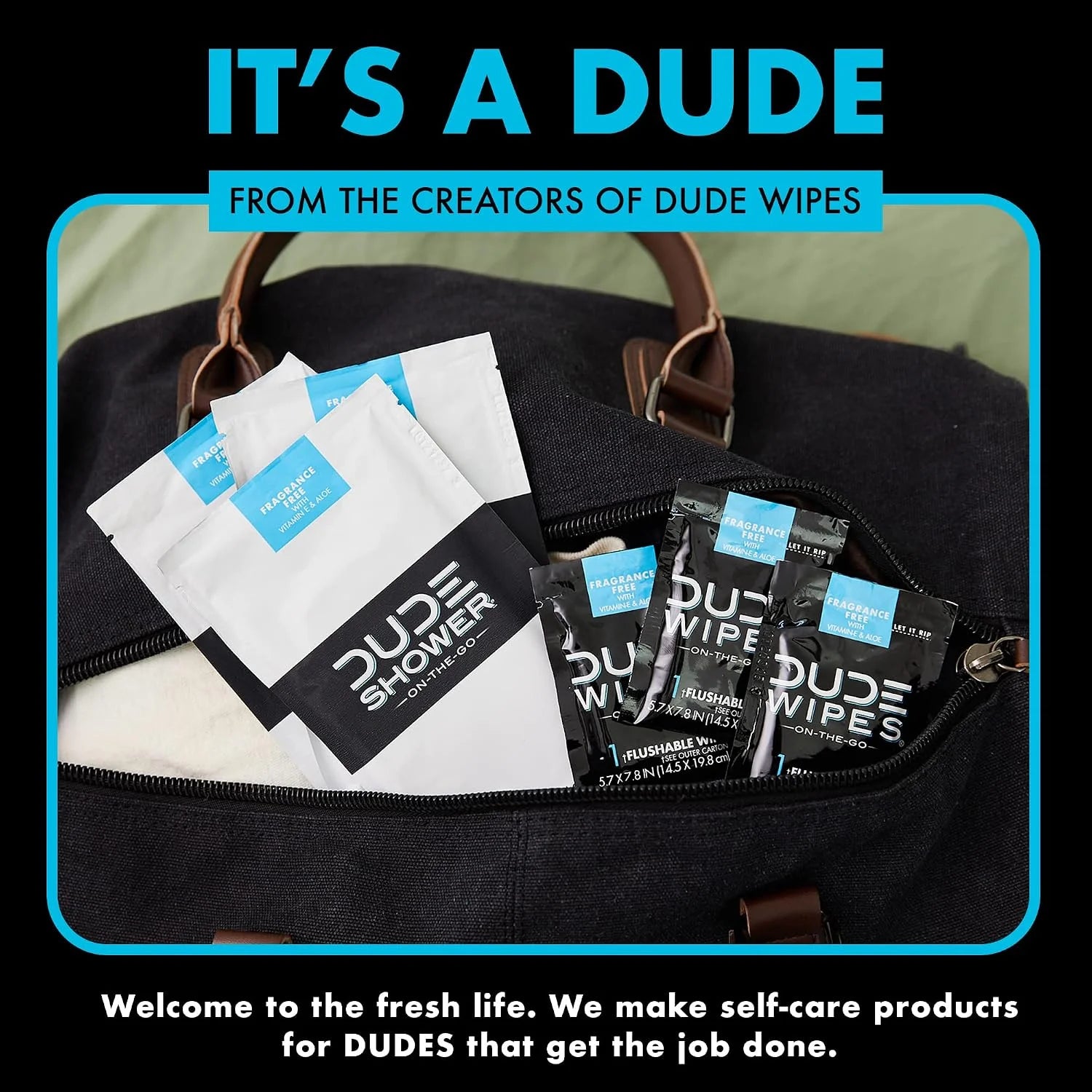 DUDE Wipes On-The-Go No Rinse Shower Body Wipes, Fragrance Free, 8 Count