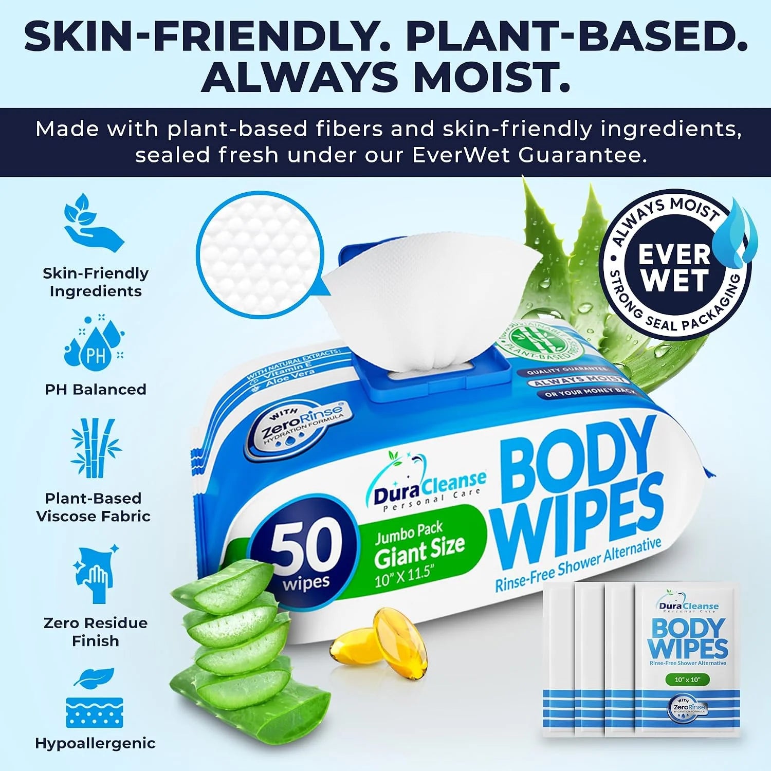 XL Body Wipes for Adults Bathing No Rinse - Shower Wipes & Bath - 50 Ct + 4