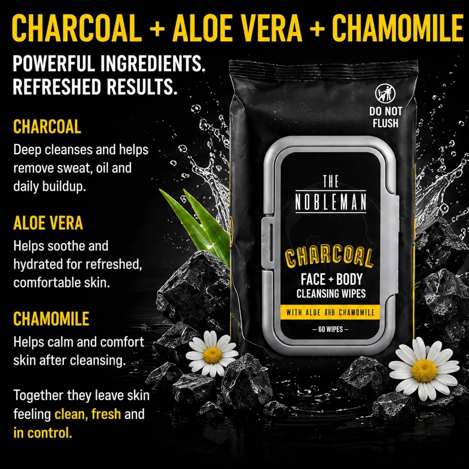 The Nobleman Charcoal Deep Detoxifying Face + Body Cleansing Wipes for Men