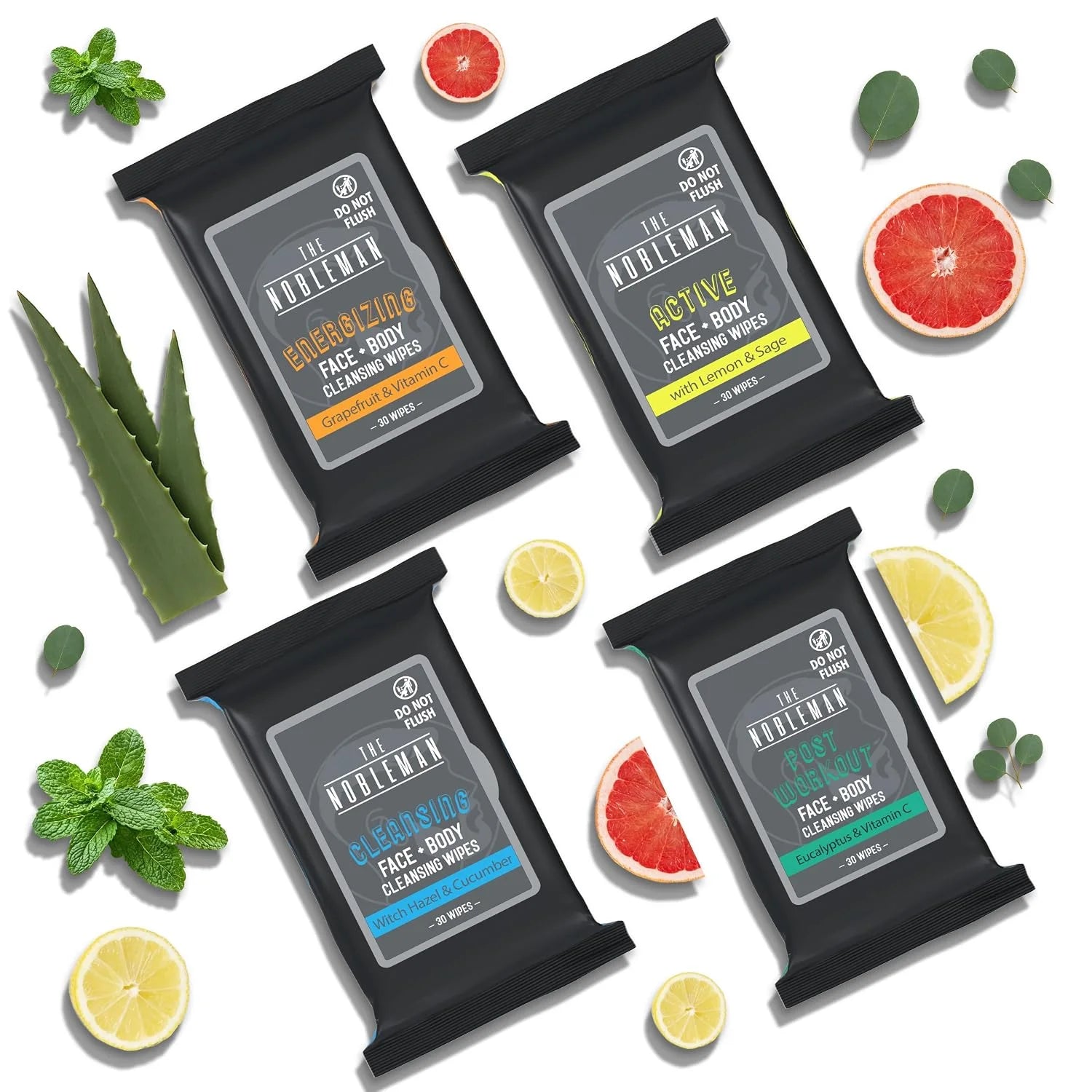 The Nobleman 4-Pack Face + Body Aloe Infused Cleansing Wipes: Post Workout with Eucalyptus Active with Lemon and Sage, Cleansing with Witch Hazel and Cucumber, Energizing with Grapefruit (120 Ct.)